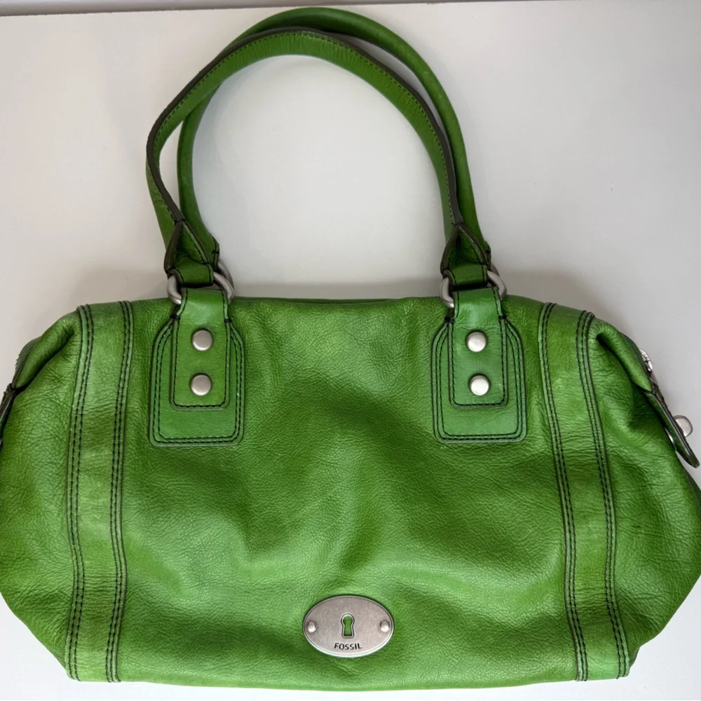 Fossil Kelly Green Pebble Leather Marlow Satchel Bag Purse Top Zip Closure